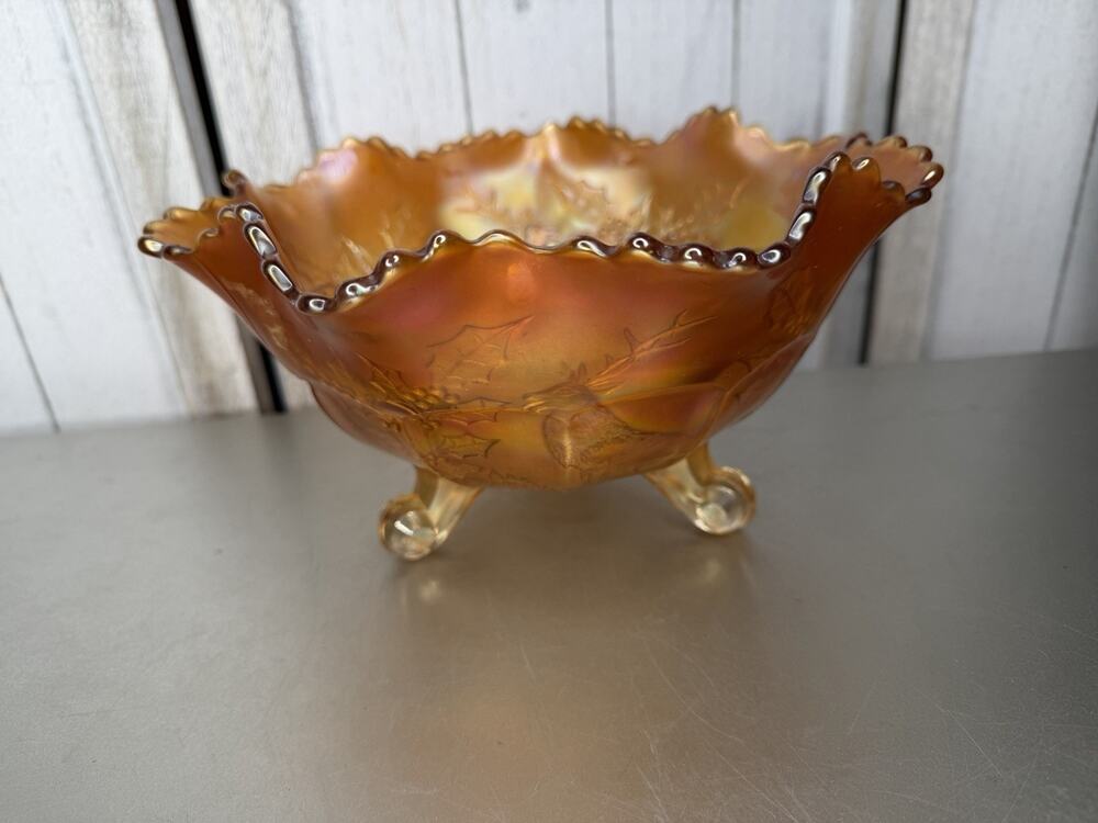 VTG Fenton Carnival Glass Bowl Stag and Holly Iridescent 3-Footed Marigold
